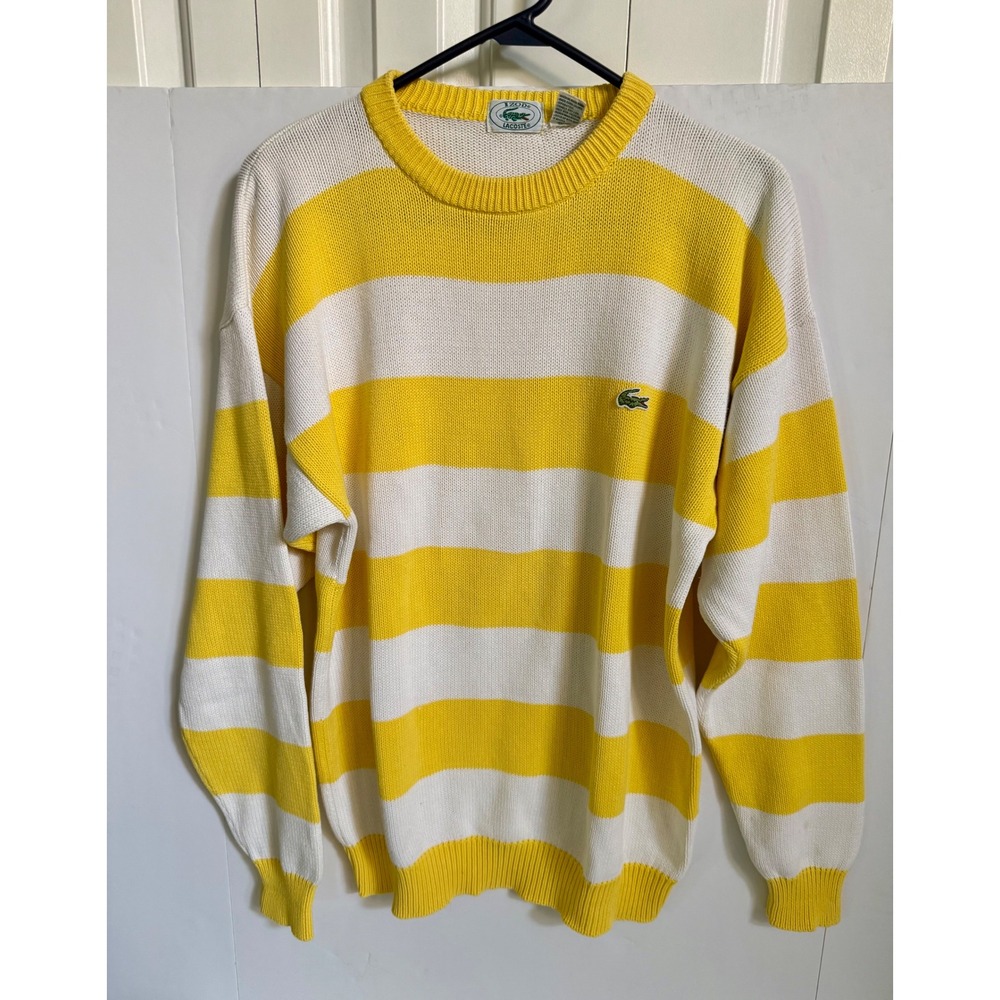 Vintage 1990's Izod Lacoste Mens Striped Cotton Knit Sweater Yellow White Large